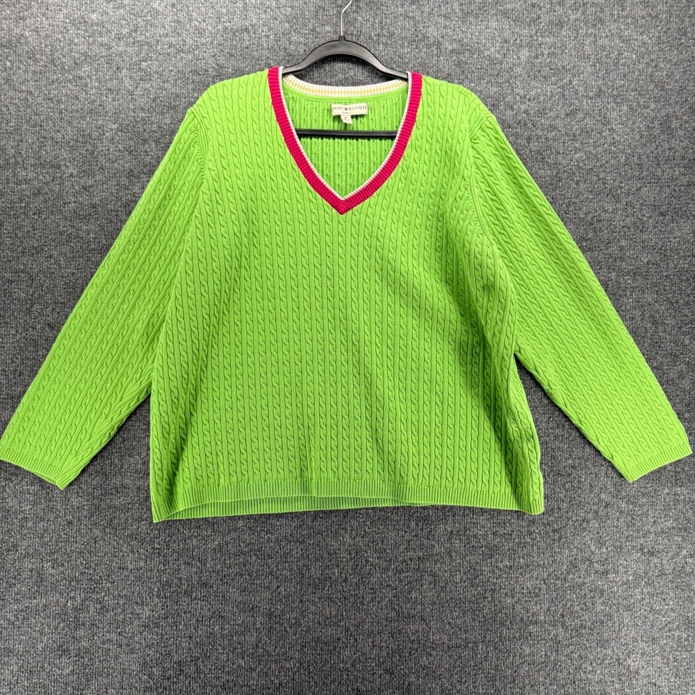 Tommy Hilfiger Sweater Womens 3X Gray V-Neck‎ Fisherman Academia Preppy Casual